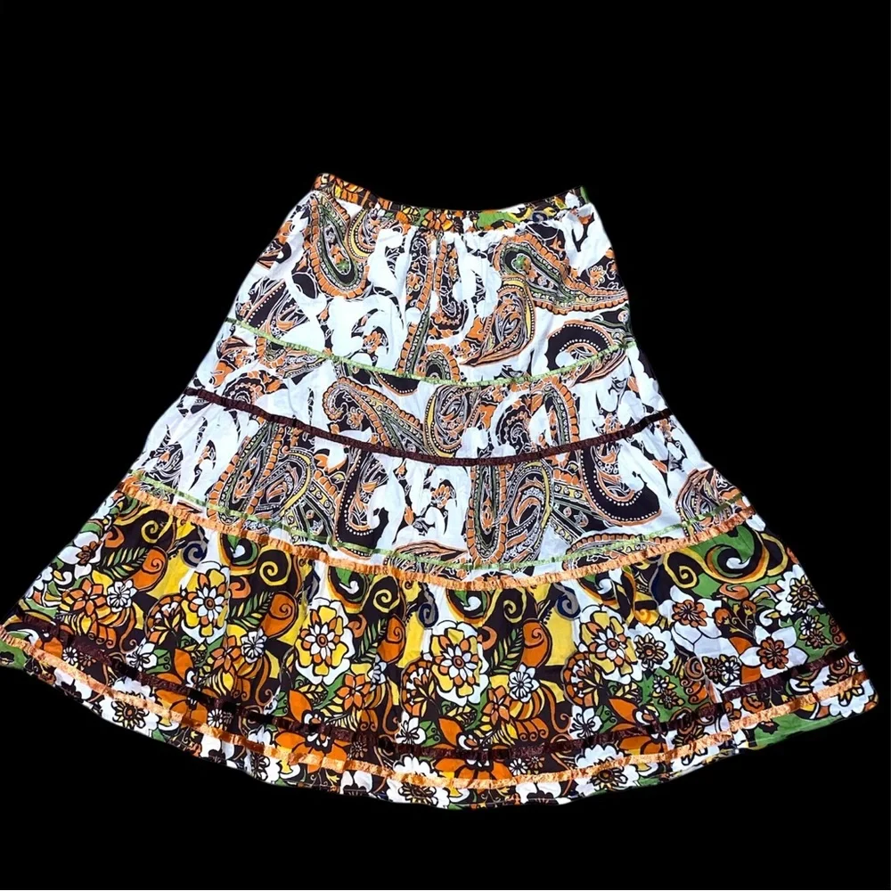 Choices Paisley Peasant Boho Tiered Midi Skirt Multicolor Y2K Large